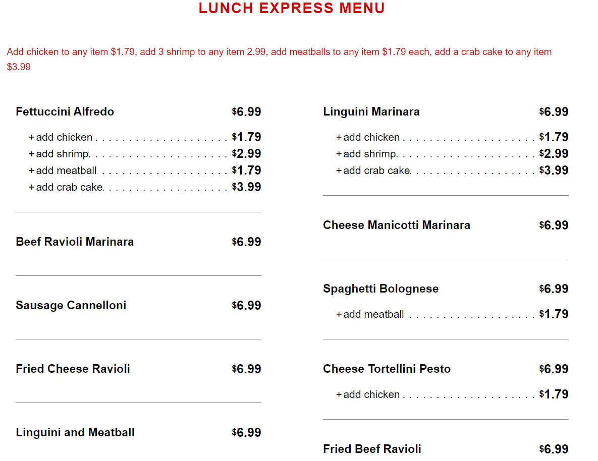 Lunch express menu